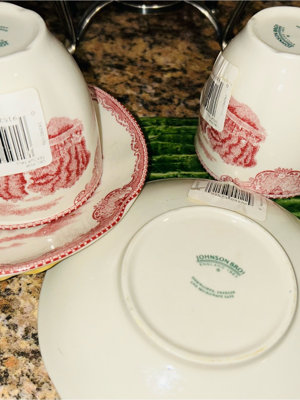 NWT Set Johnson Brothers Red Transferware Teacups with Scenic Motif Ross Simons